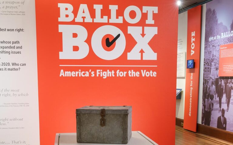 Ballot Box sign behind an antique ballot box exhibit display