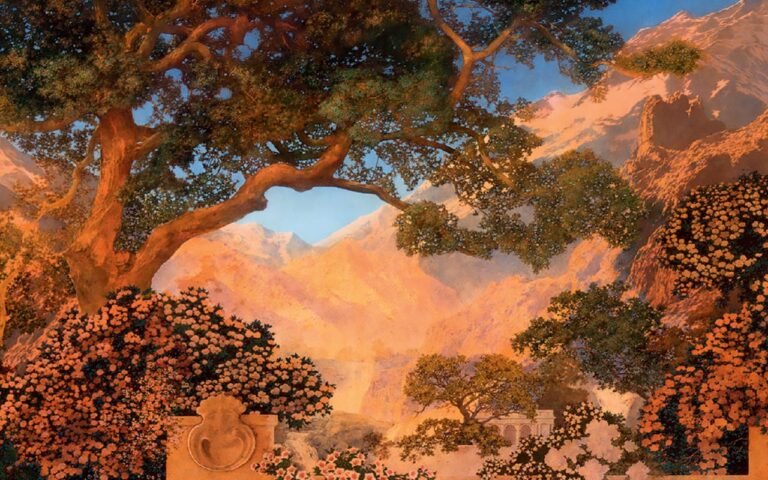 Painting of trees with a mountain in the background