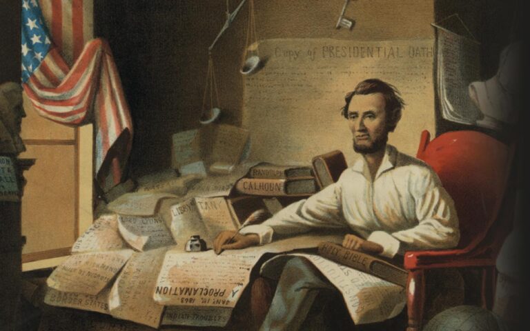 Illustration of Abraham Lincoln seated with a bible surrounded by documents