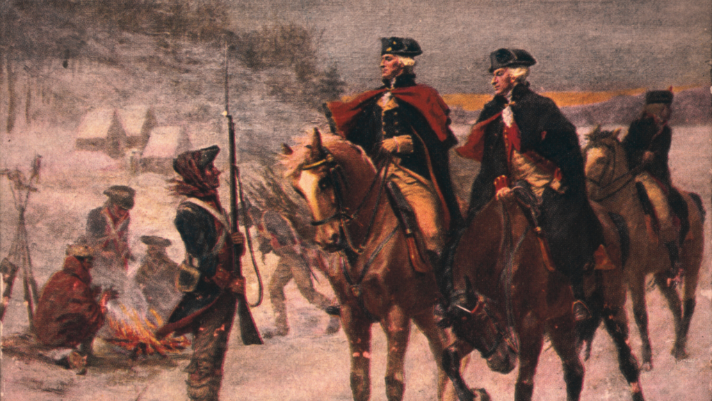 A painting of George Washington and Lafayette on horseback talking to a soldier