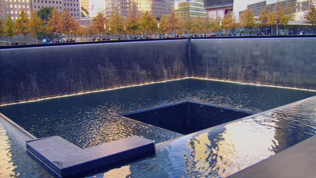 A photo of a water feature that makes up the 9/11 memorial