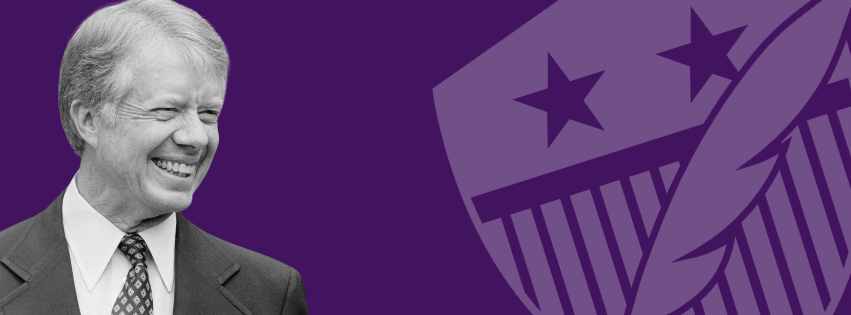 black and white image of Jimmy Carter with a white shield