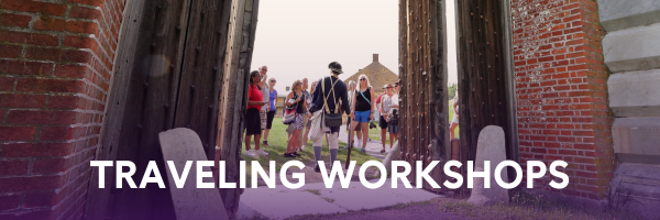 Traveling Workshops - a photo of adults talking to a reenactor