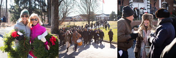 A collage of photos that includes an image of two women smiling outside holding Christmas Wreaths, an image of people walking down a hill in a crowd, and an image of three people outside laughing together